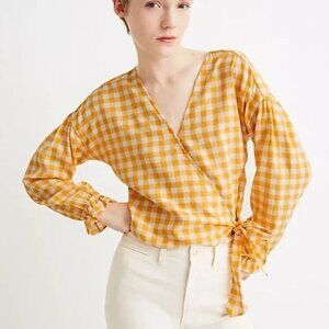 Madewell Long-Sleeve Sash-Tie Wrap Top in Gingham Check Yellow Women's XL